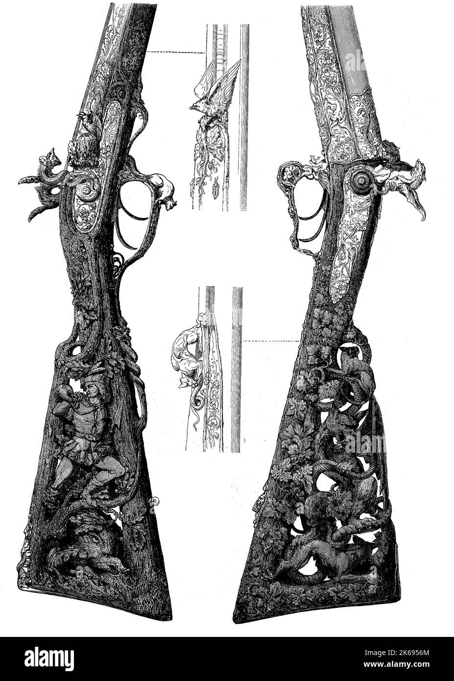 L'amélioration de la reproduction numérique, astucieusement manipulé les fusils de chasse à partir de 1855, la France, l'original du 19ème siècle du Th woodprint Banque D'Images