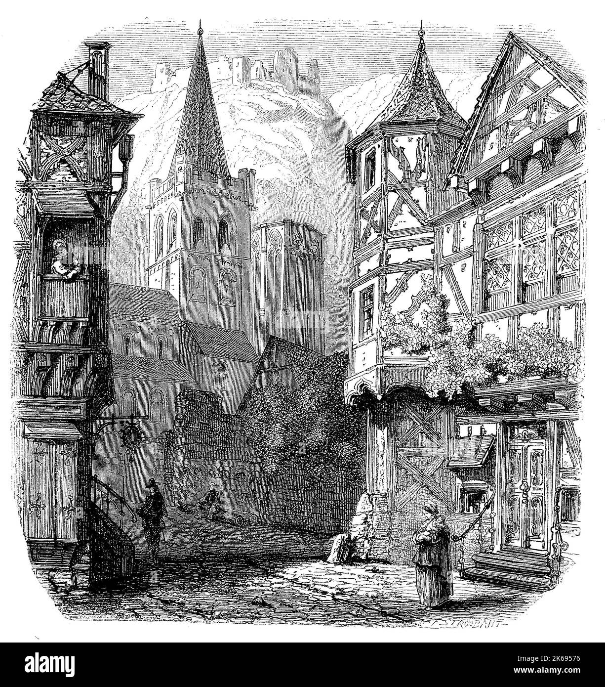 L'amélioration de la reproduction numérique, Bacharach, une ville dans le district de Mayence-bingen en Rhénanie-Palatinat, Allemagne, woodprint original du 19ème siècle e Banque D'Images
