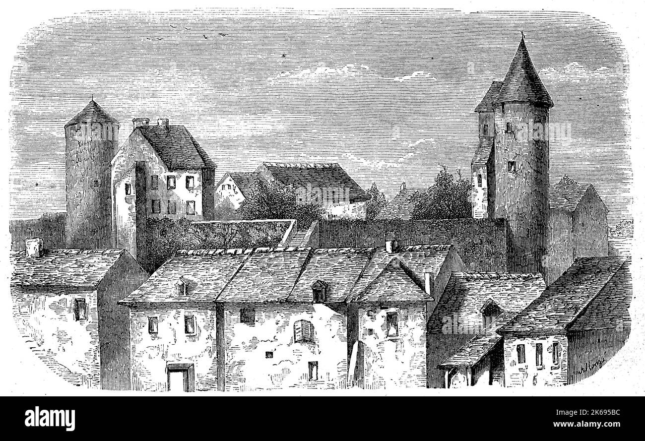 L'amélioration de la reproduction numérique, ruines du château de charolles dans le département de la Saône-et-Loire dans la région Bourgogne-Franche-comté, France, woodprint original de th 19e siècle Banque D'Images