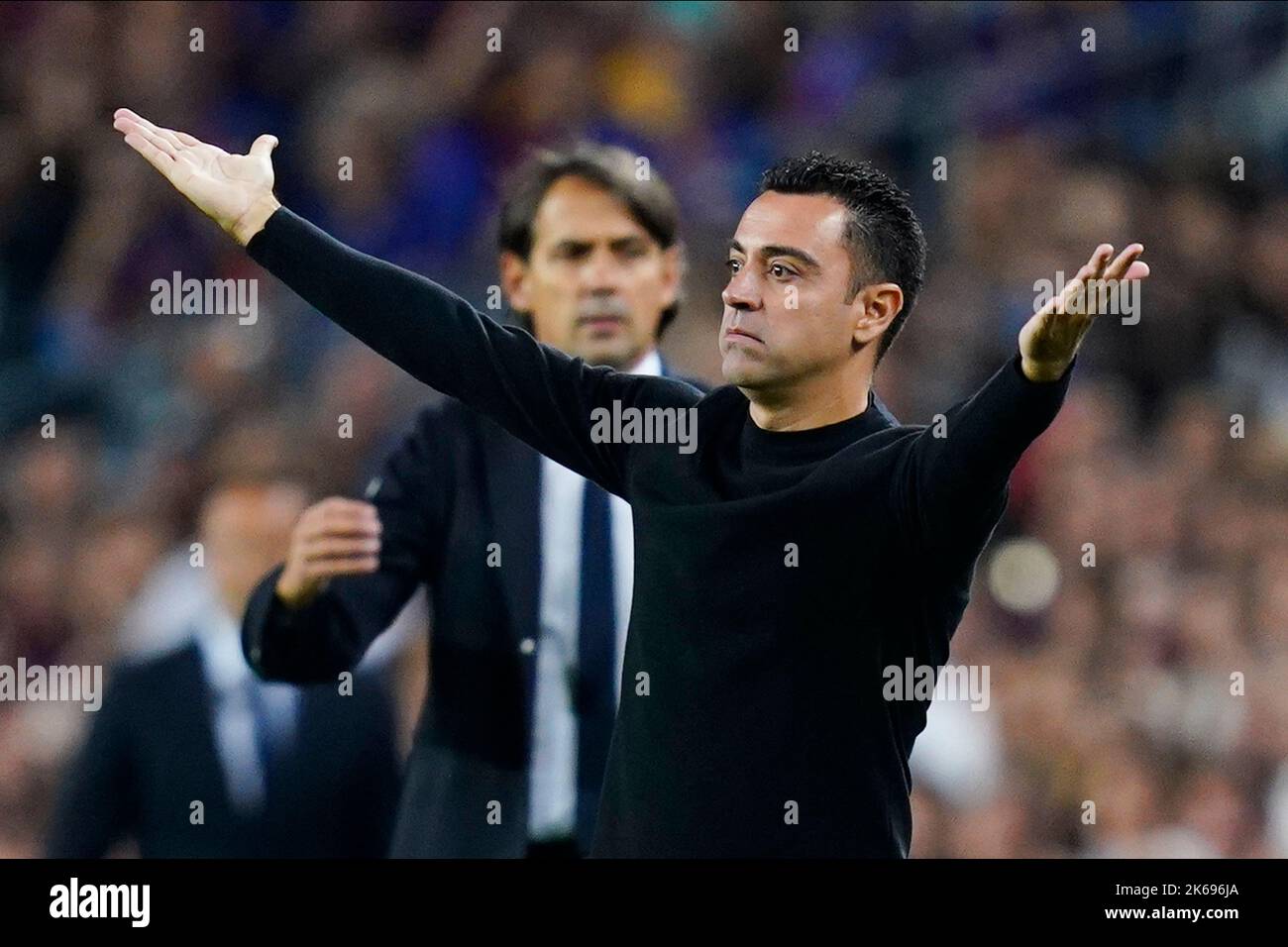 Barcelone, Espagne. 12th octobre 2022. Xavi Hernandez, entraîneur en chef du FC Barcelone, réagit lors du match de la Ligue des champions de l'UEFA, le groupe C entre le FC Barcelone et l'Inter Milan a joué au stade Spotify Camp Nou sur 12 octobre 2022 à Barcelone, en Espagne. (Photo de Colas Buera/PRESSIN) Credit: PRESSINPHOTO SPORTS AGENCY/Alay Live News Banque D'Images Barcelone, Espagne. 12th octobre 2022. Xavi Hernandez, entraîneur en chef du FC Barcelone, réagit lors du match de la Ligue des champions de l'UEFA, le groupe C entre le FC Barcelone et l'Inter Milan a joué au stade Spotify Camp Nou sur 12 octobre 2022 à Barcelone, en Espagne. (Photo de Colas Buera/PRESSIN) Credit: PRESSINPHOTO SPORTS AGENCY/Alay Live News Banque D'Images