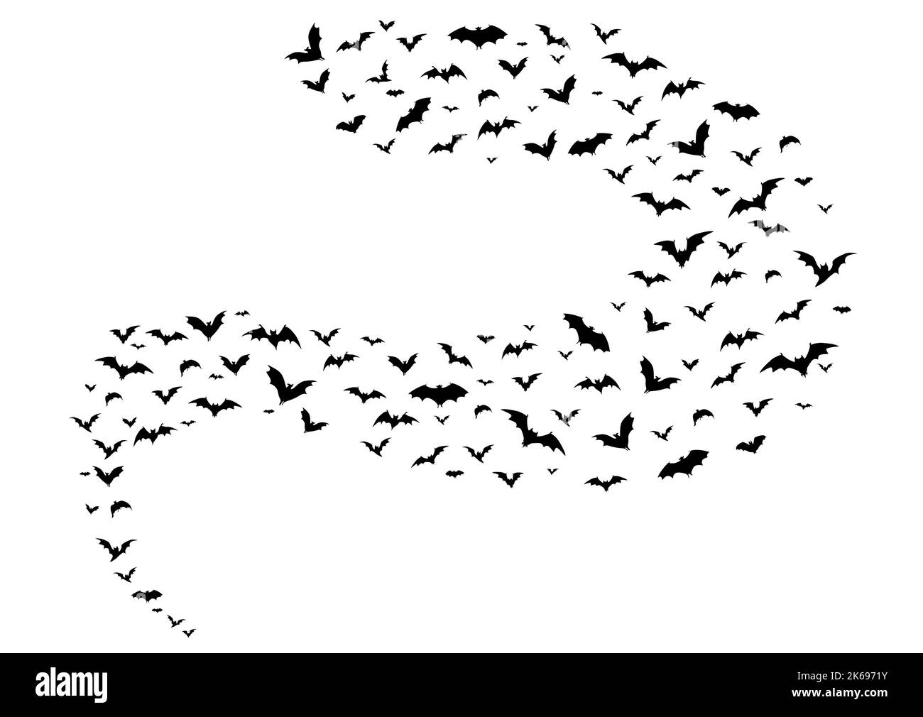 Volant des chauves-souris d'halloween, des silhouettes noires vectorielles isolées d'animaux vampires flock wave Fly sur fond blanc. Essaim ailé de chauves-souris effrayantes faune créatures groupe flux élément graphique de conception Illustration de Vecteur