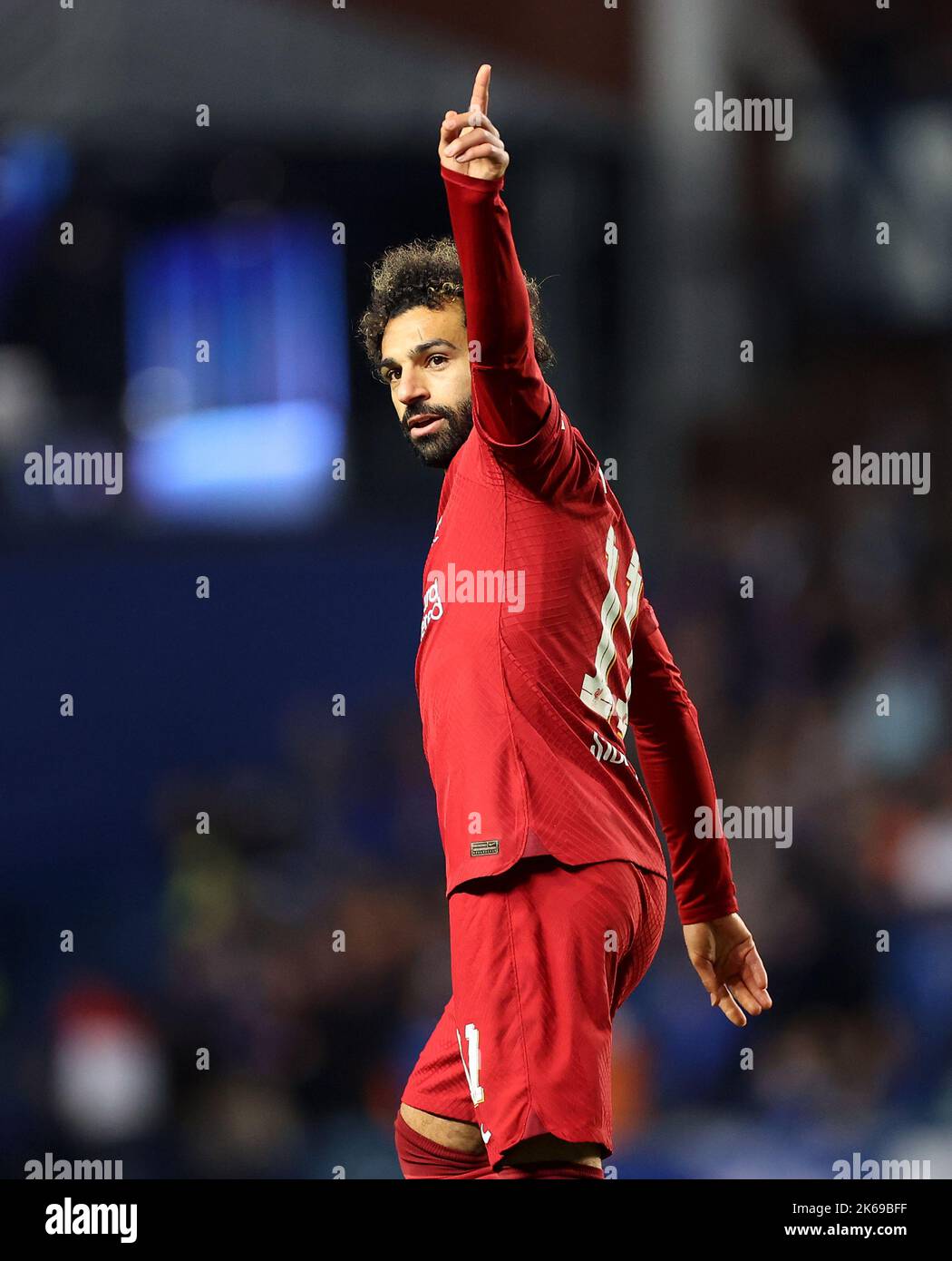 Mohamed Salah, de Liverpool, célèbre le quatrième but de son équipe lors du match A du groupe de la Ligue des champions de l'UEFA au stade Ibrox, à Glasgow. Date de la photo: Mercredi 12 octobre 2022. Banque D'Images