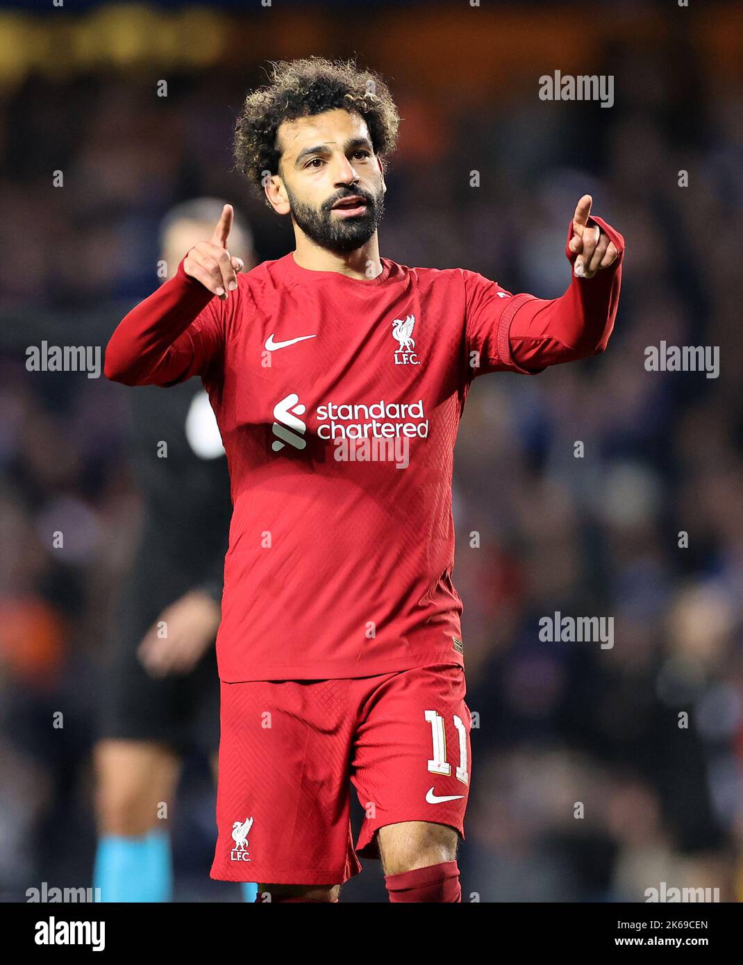 Mohamed Salah, de Liverpool, célèbre le cinquième but de son équipe lors du match A du groupe de la Ligue des champions de l'UEFA au stade Ibrox, à Glasgow. Date de la photo: Mercredi 12 octobre 2022. Banque D'Images