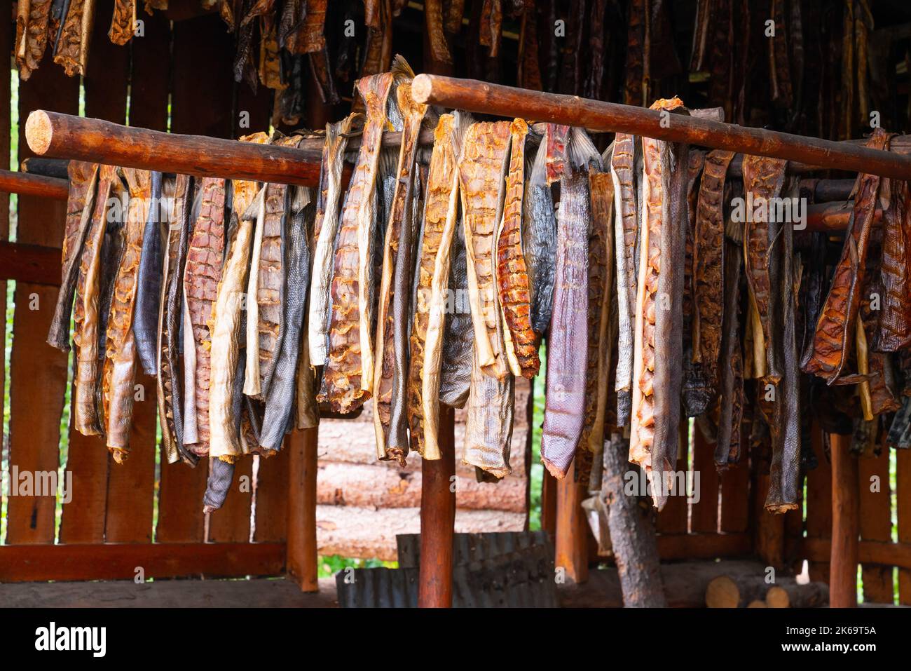 Filets de saumon séchant dans une maison de fumée en Alaska Banque D'Images