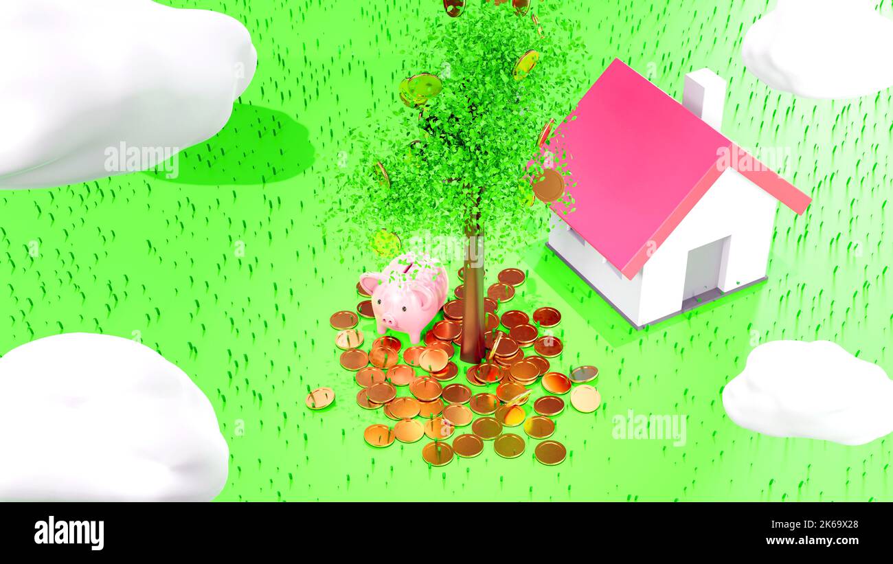 Arbre d'argent avec pièce et feuille, pièce tombant autour de la maison modèle et de la banque de porc, banque économiser de l'argent pour acheter maison concept, 3D rendu. Banque D'Images