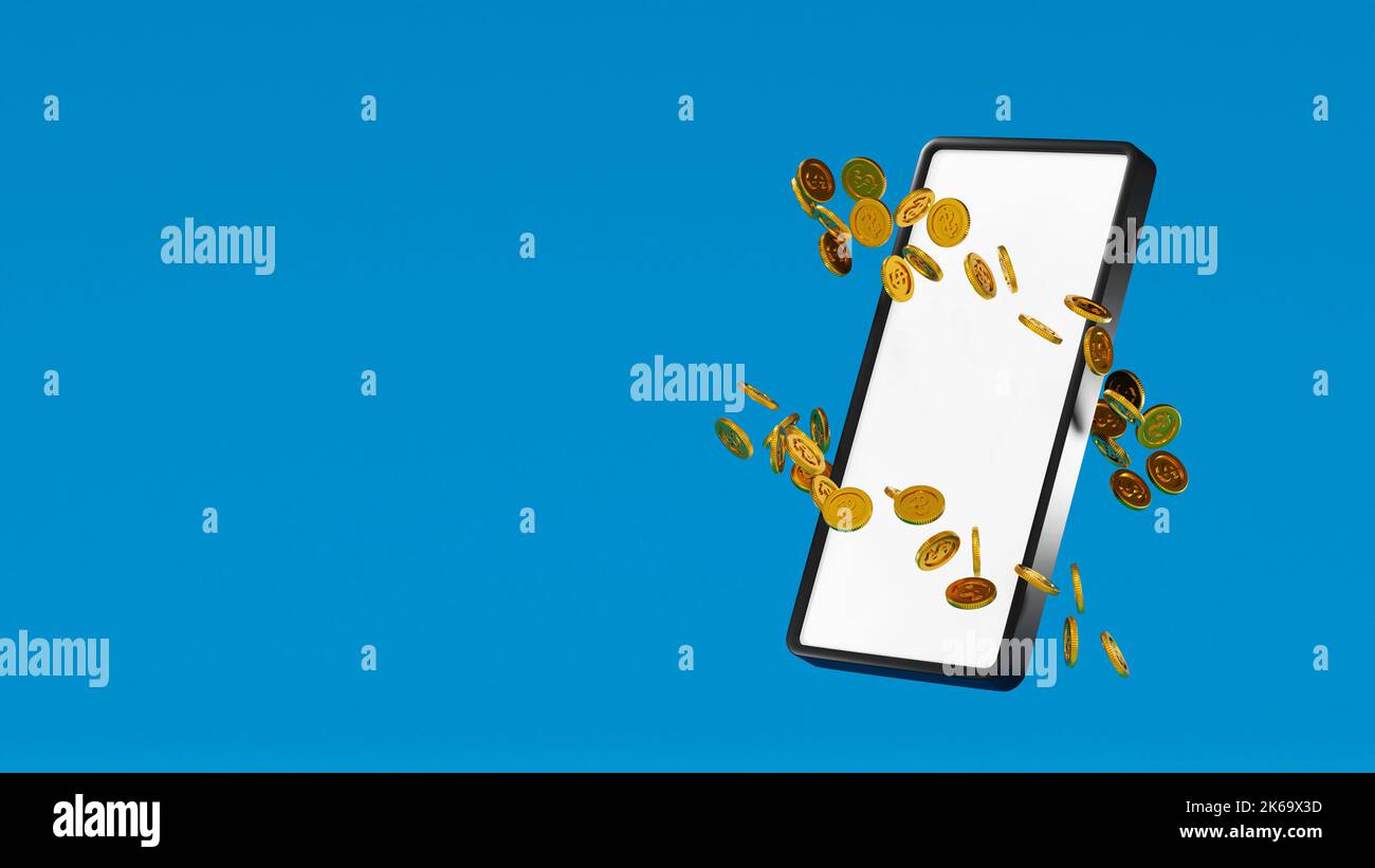 Smartphone avec pièces d'or entourées, concept de gestion et d'administration en ligne affaires avec téléphone mobile. 3D rendu. Banque D'Images