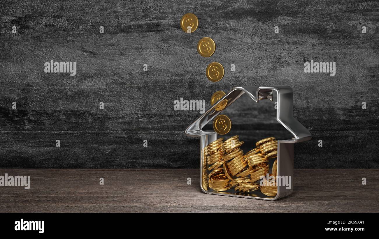 Pièce d'or tombant dans la maison de la forme de la banque de porc, économiser de l'argent pour acheter la maison, la propriété d'investissement, le concept immobilier d'hypothèque. 3D rendu. Banque D'Images
