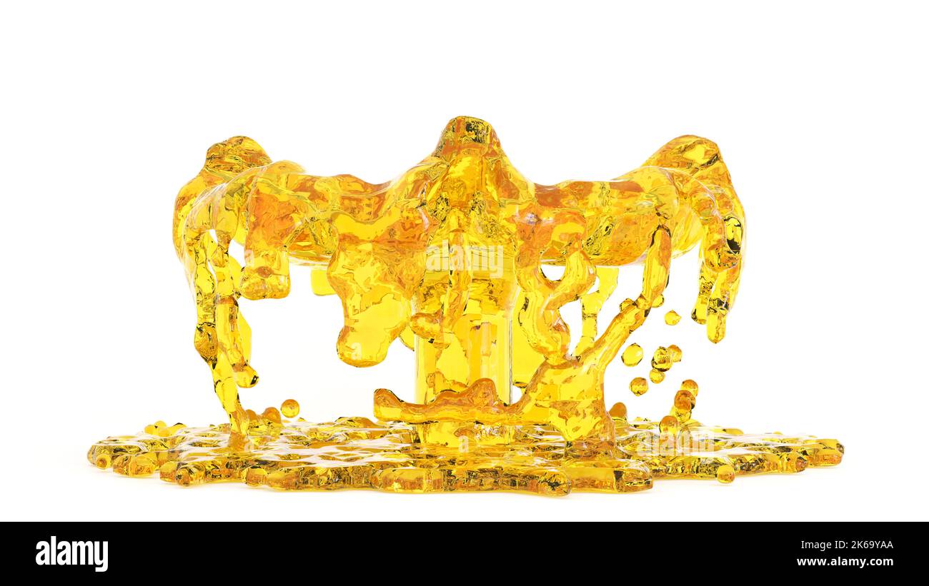 Jet d'eau liquide jaune ou jet d'eau avec goutte sur fond blanc, rendu 3D. Banque D'Images