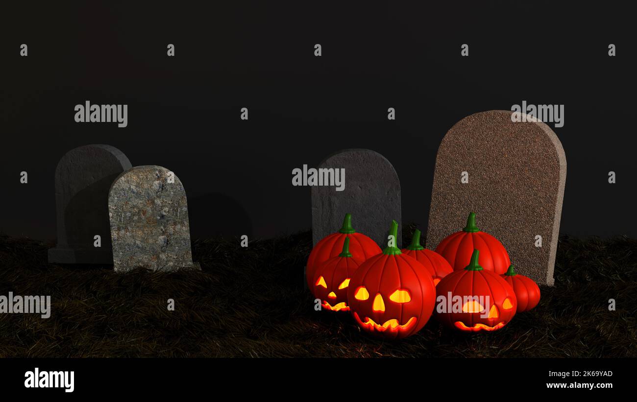 Citrouilles d'Halloween avec bougies sur le cimetière avec pierre tombale, dans la forêt de nuit, Halloween nuit concept, 3D rendu Banque D'Images