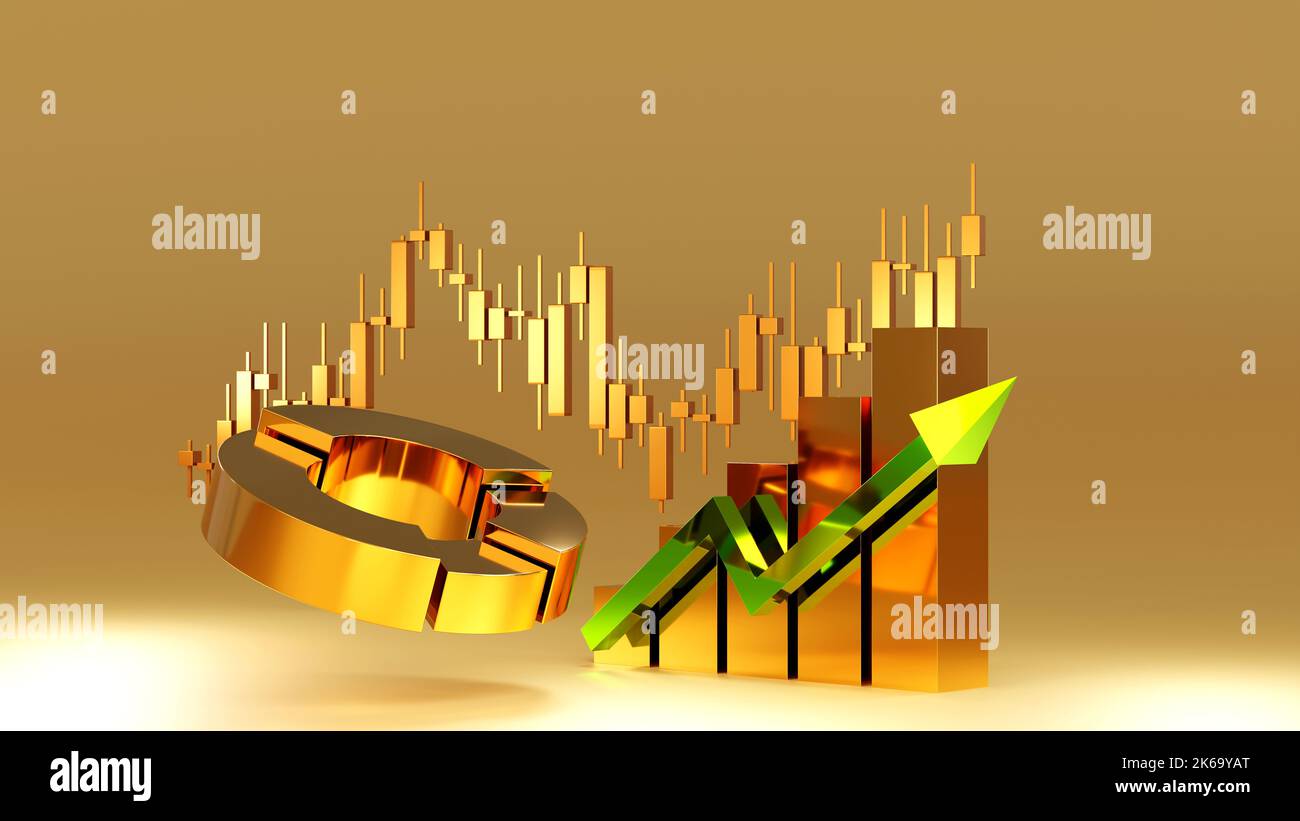Graphique d'affaires diagramme à barres, diagramme circulaire avec bâton de bougie d'affaires de stock pour le contenu d'analyse financière, 3D rendu. Banque D'Images