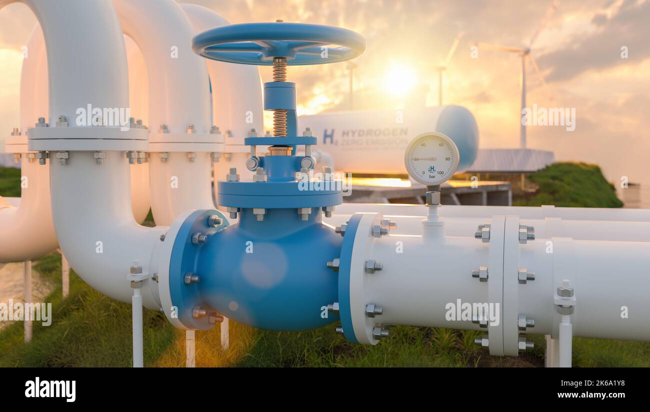 Pipeline de production d'énergie renouvelable à l'hydrogène vert - gaz d'hydrogène vert pour l'électricité propre installation solaire et éolienne au coucher du soleil image de concept Banque D'Images