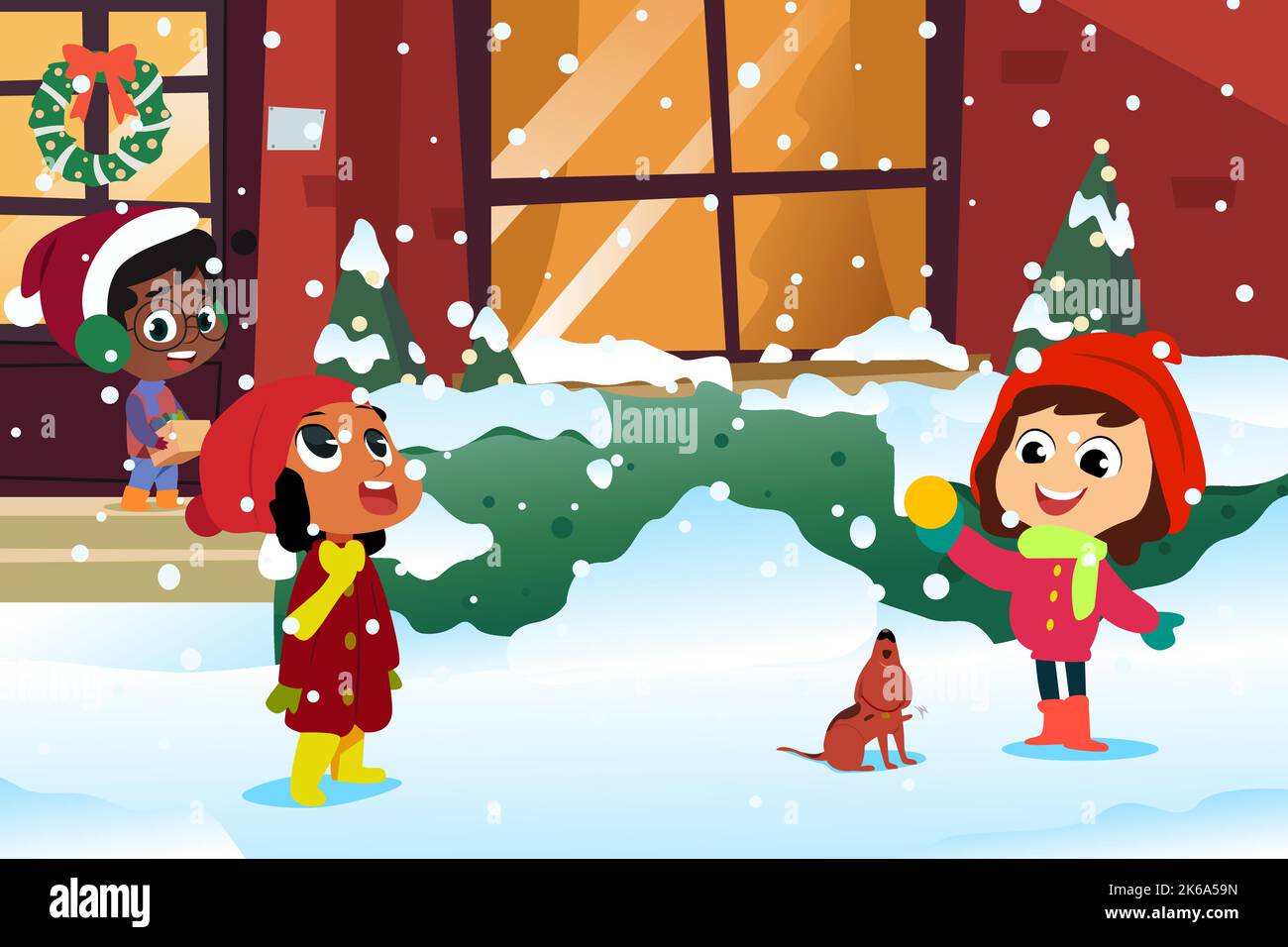 Illustration vectorielle des enfants heureux jouant à l'extérieur pendant l'hiver Illustration de Vecteur