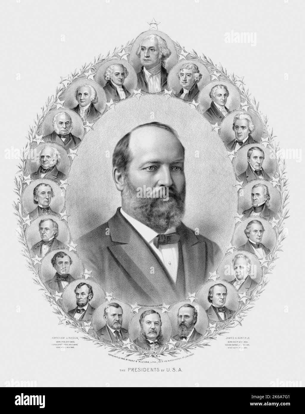 Imprimé du 19th siècle montrant divers présidents qui ont servi le pays, avec James Garfield au milieu. Banque D'Images