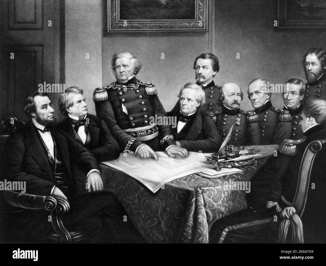Le président Abraham Lincoln et son conseil de guerre, 1861. Banque D'Images