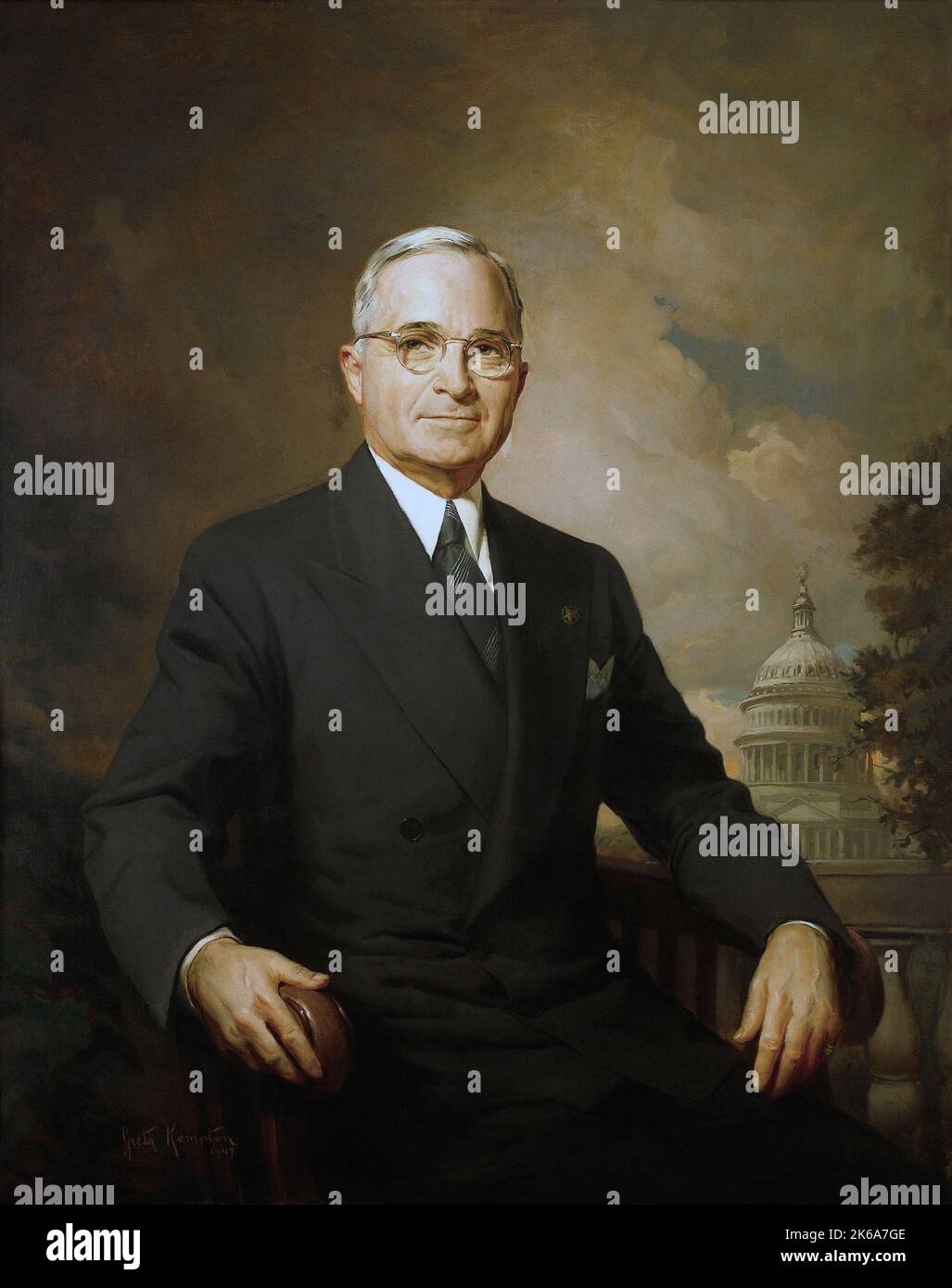 Peinture d'histoire américaine vintage du président Harry Truman. Banque D'Images