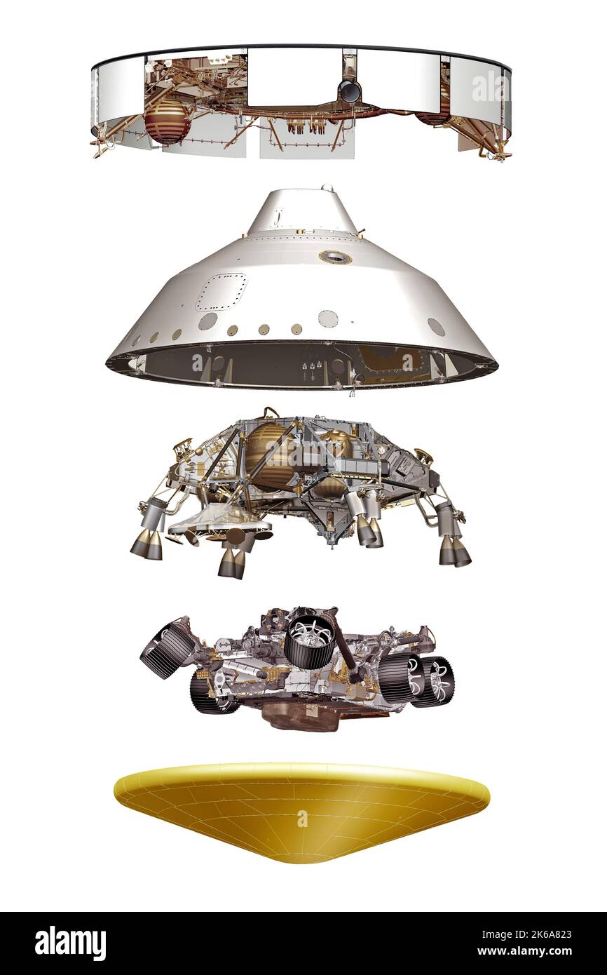 Illustration représentant cinq composantes principales de l'engin spatial Mars 2020. Banque D'Images