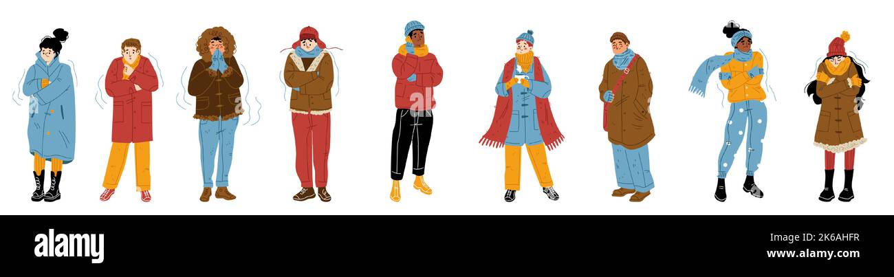 Personnes froides congelées hiver gel et frisson. Les personnages isolés portent des vêtements chauds qui tremblent et souffrent de basses températures négatives à la saison hivernale. Illustration vectorielle plate linéaire de Cartoon Illustration de Vecteur