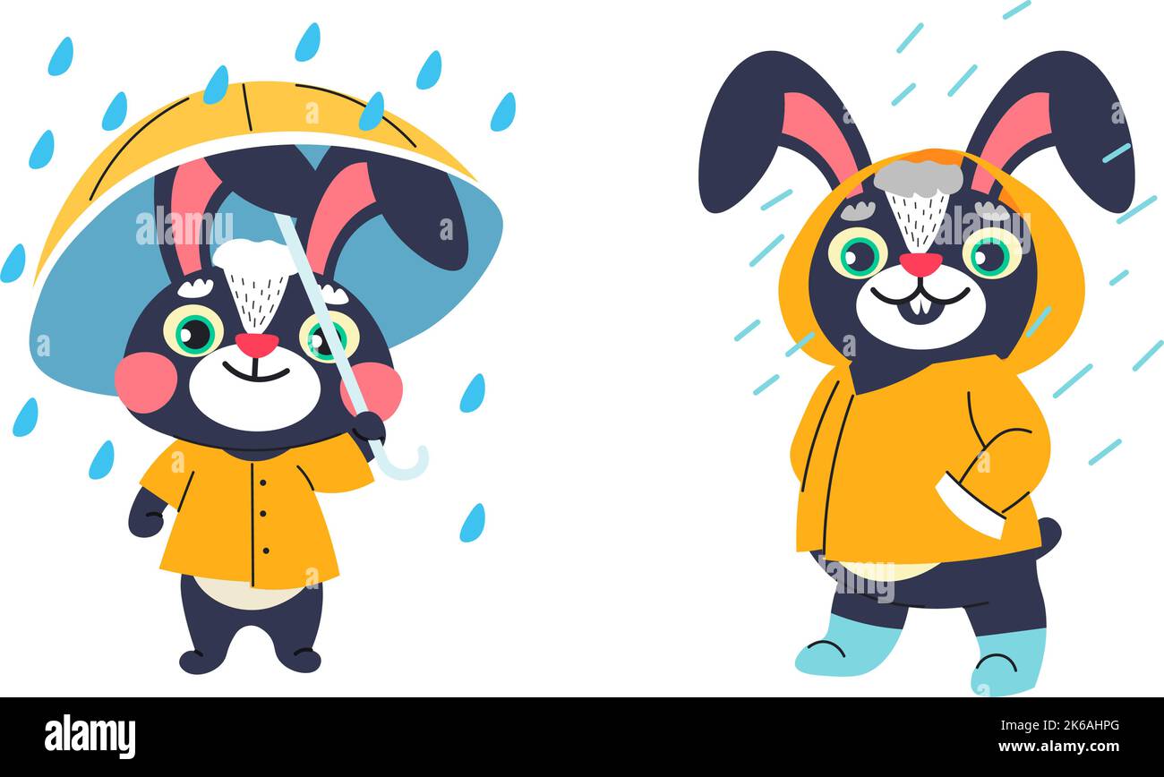 Lapin portant un imperméable debout sous la pluie Illustration de Vecteur