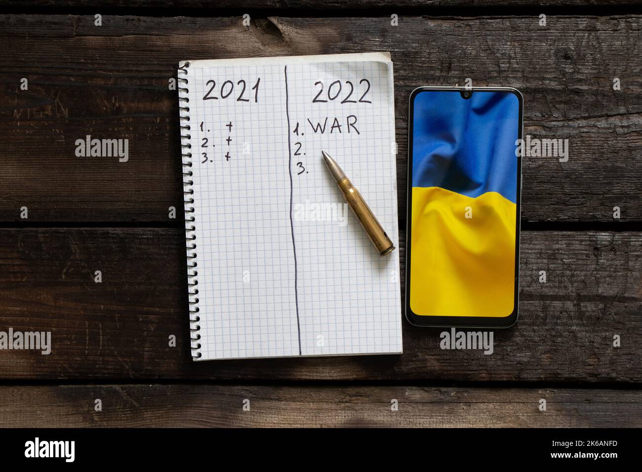 Bloc-notes avec texte 2021 et 2022 à proximité se trouve une balle et un téléphone avec le drapeau de l'Ukraine, plans pour la guerre de 2022 en Ukraine Banque D'Images