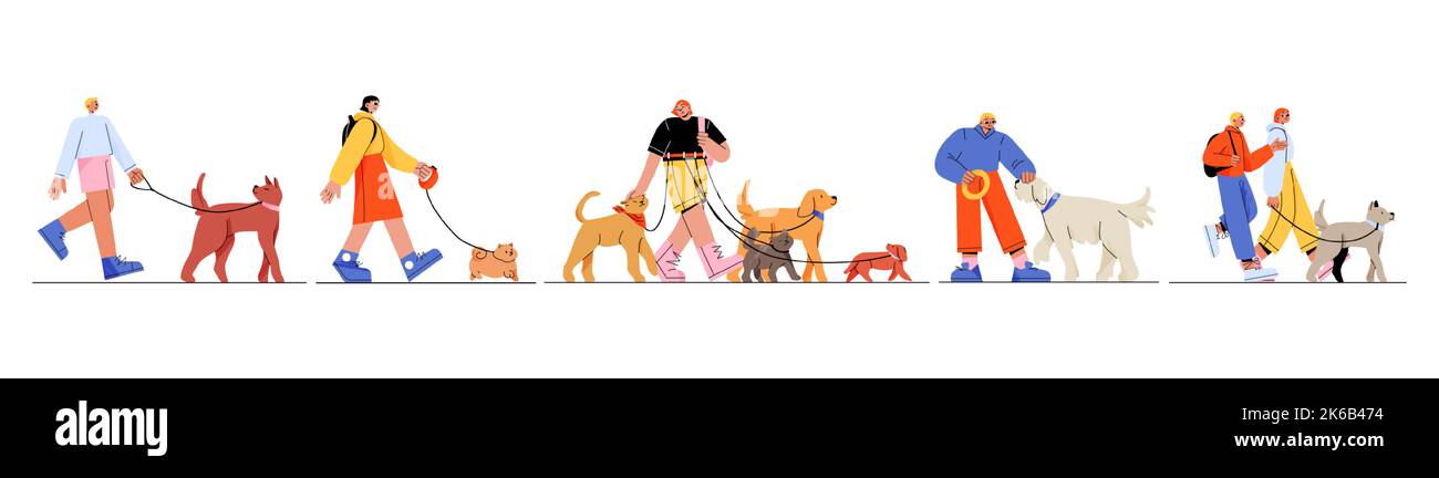 Personnes marchant avec des chiens en laisse. Jeunes hommes et femmes personnages plats souriant, s'entraîner, jouer, hsoending temps avec des animaux de compagnie de différents bree Illustration de Vecteur