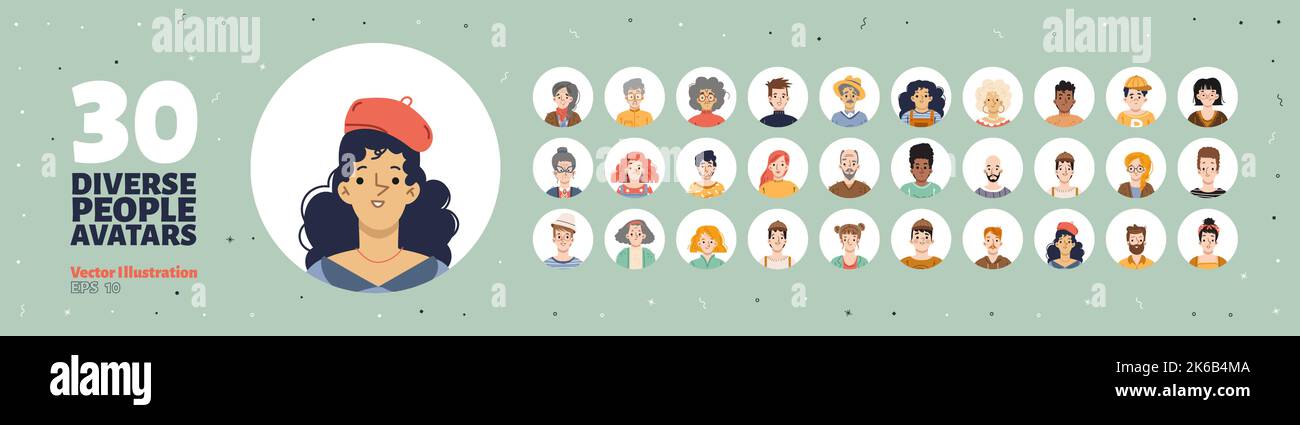 Ensemble d'avatars de personnes, icônes rondes avec visages de jeunes et vieux personnages masculins et féminins. Divers hommes ou femmes avec différentes couleurs de cheveux, les enfants, les adolescents Illustration de Vecteur
