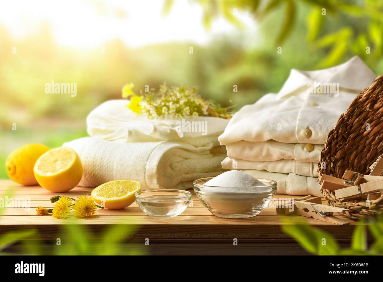 Laver les vêtements de manière durable avec des produits naturels tels que le citron, le bicarbonate de soude et le vinaigre sur une table en bois avec des serviettes de linge dans la nature. Vue avant Banque D'Images