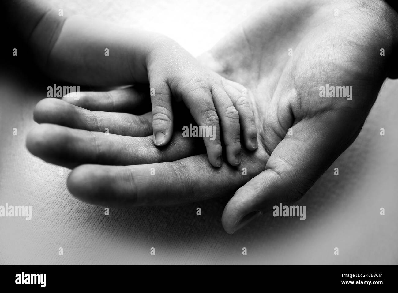 Un parent tient la main d'un nouveau-né. La petite main du fils avec de petits doigts se trouve sur la paume du père. Banque D'Images