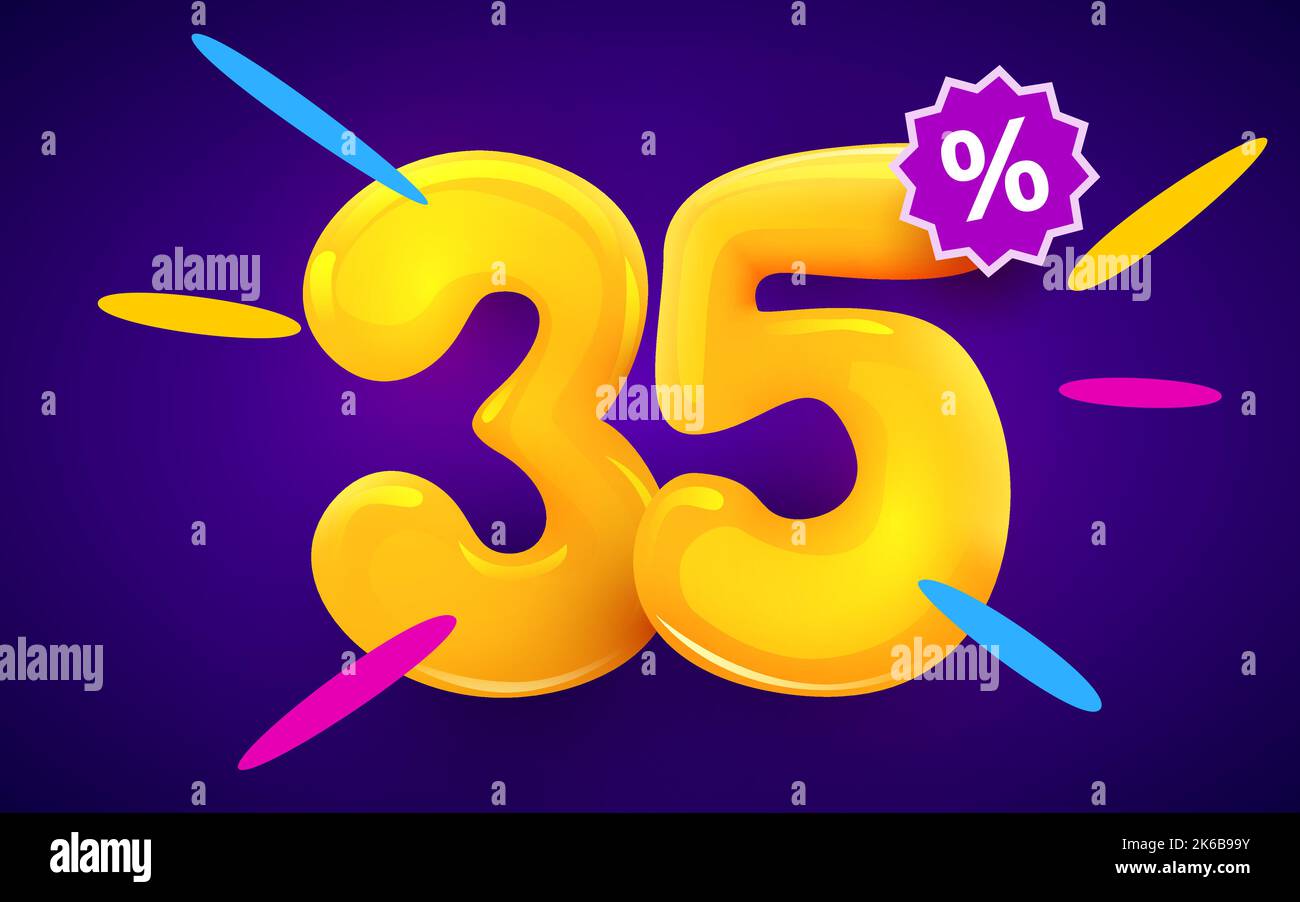 35 % de réduction. Remise sur la composition créative. 3d symbole de vente avec objets décoratifs. Bannière et affiche de vente. Illustration vectorielle. Illustration de Vecteur