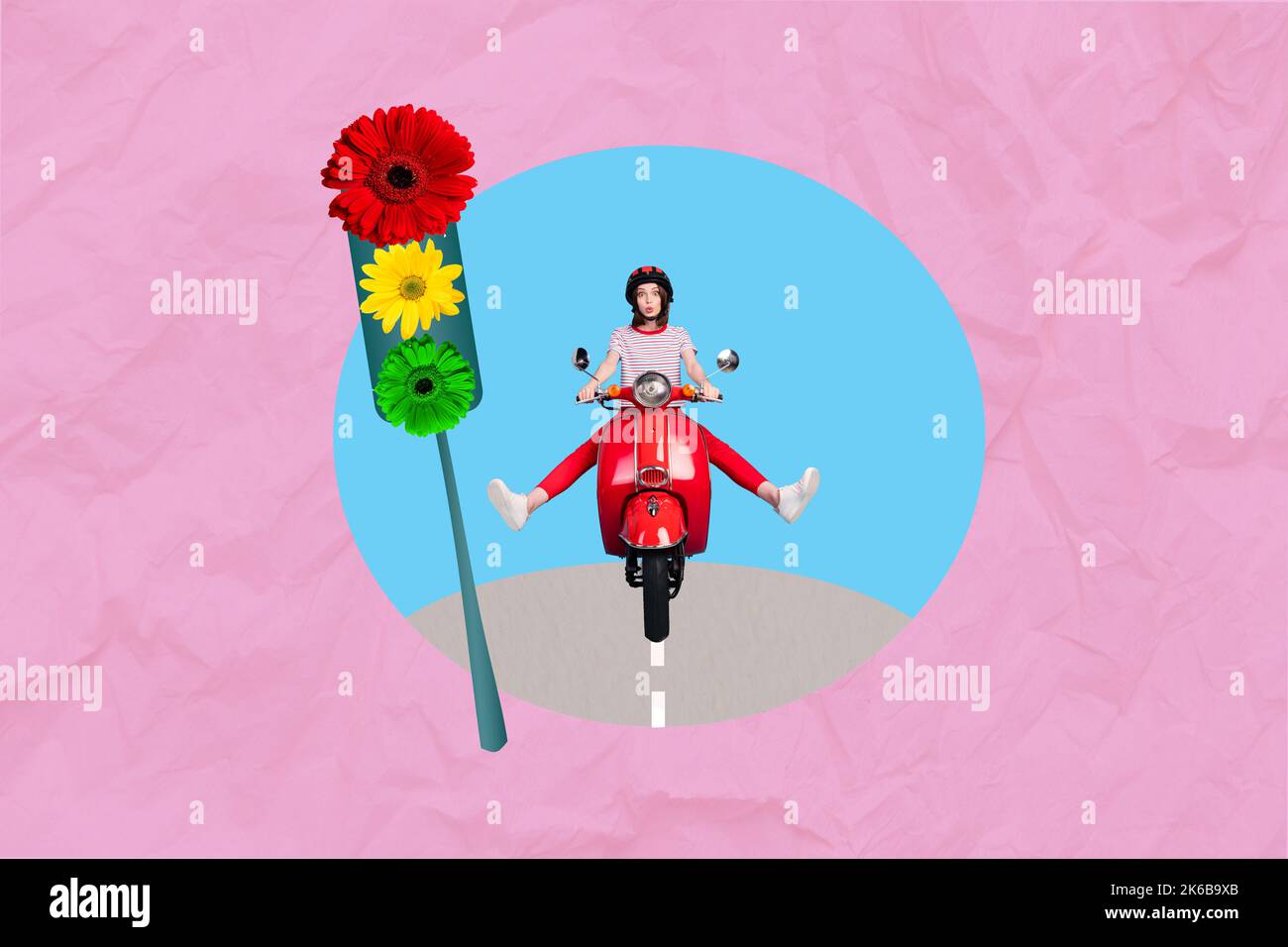 Photo créative 3D collage art poster carte postale de la jolie personne heureuse fille Moving moto centre ville isolée sur fond de dessin Banque D'Images
