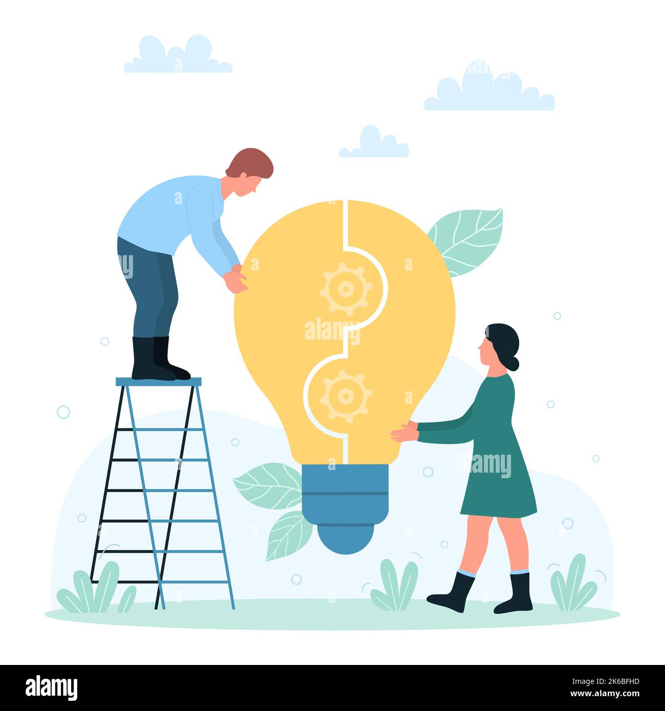 Illustration du vecteur de réussite du travail d'équipe. Caricature les gens minuscules se connectent entre deux parties de grand puzzle d'ampoule avec des engrenages à l'intérieur, la coopération de l'homme et de la femme avec des idées créatives d'ampoule et des solutions Illustration de Vecteur