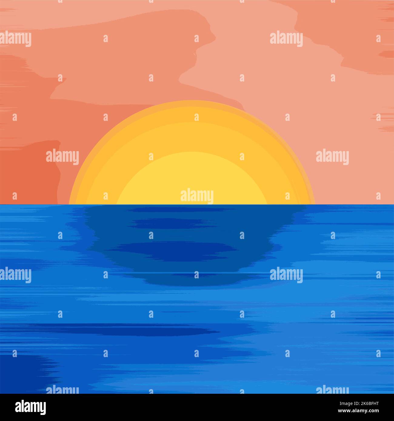 Résumé Paysage Art Illustration Horizon Sky Ocean Sun Sunset Vector - couleurs bleu et orange Illustration de Vecteur