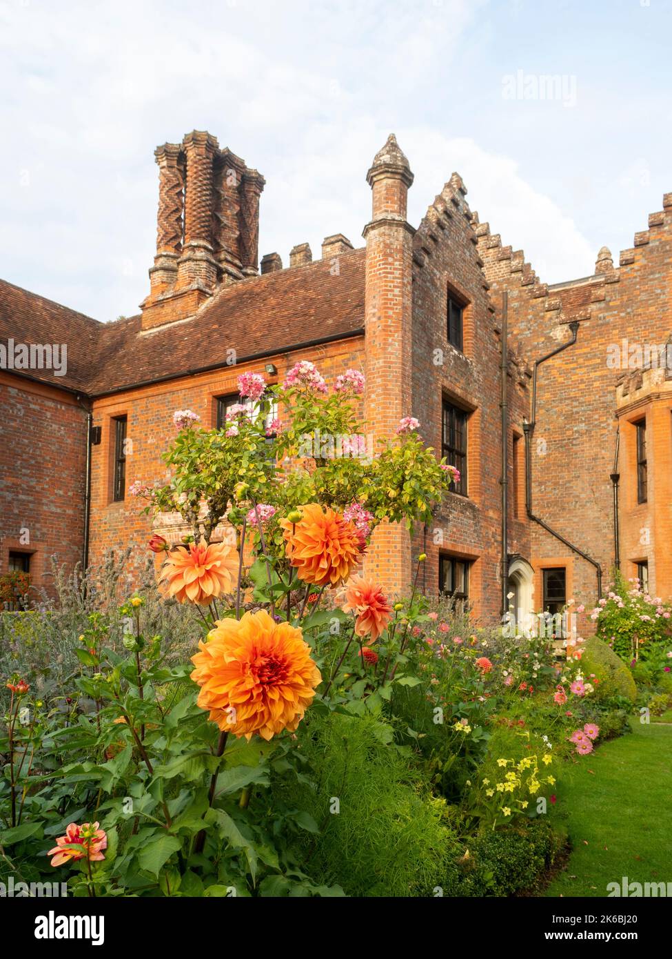 Chenies Manor et jardin entouré de Dahlias colorés en octobre. L'orange de bronze Dahlia 'Great Hercules' se blogne au-dessus du reste et Rosa 'Ballerina'. Banque D'Images