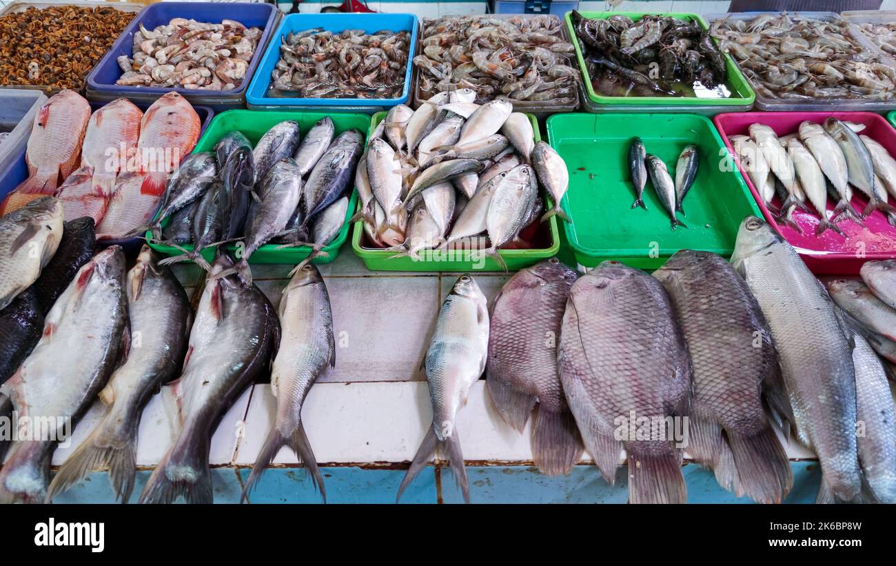 Vue rapprochée du dessus des poissons, crevettes et palourdes sur l'exposition de la stalle au marché traditionnel dans le sud de Tangerang, Indonésie. Personne. Banque D'Images