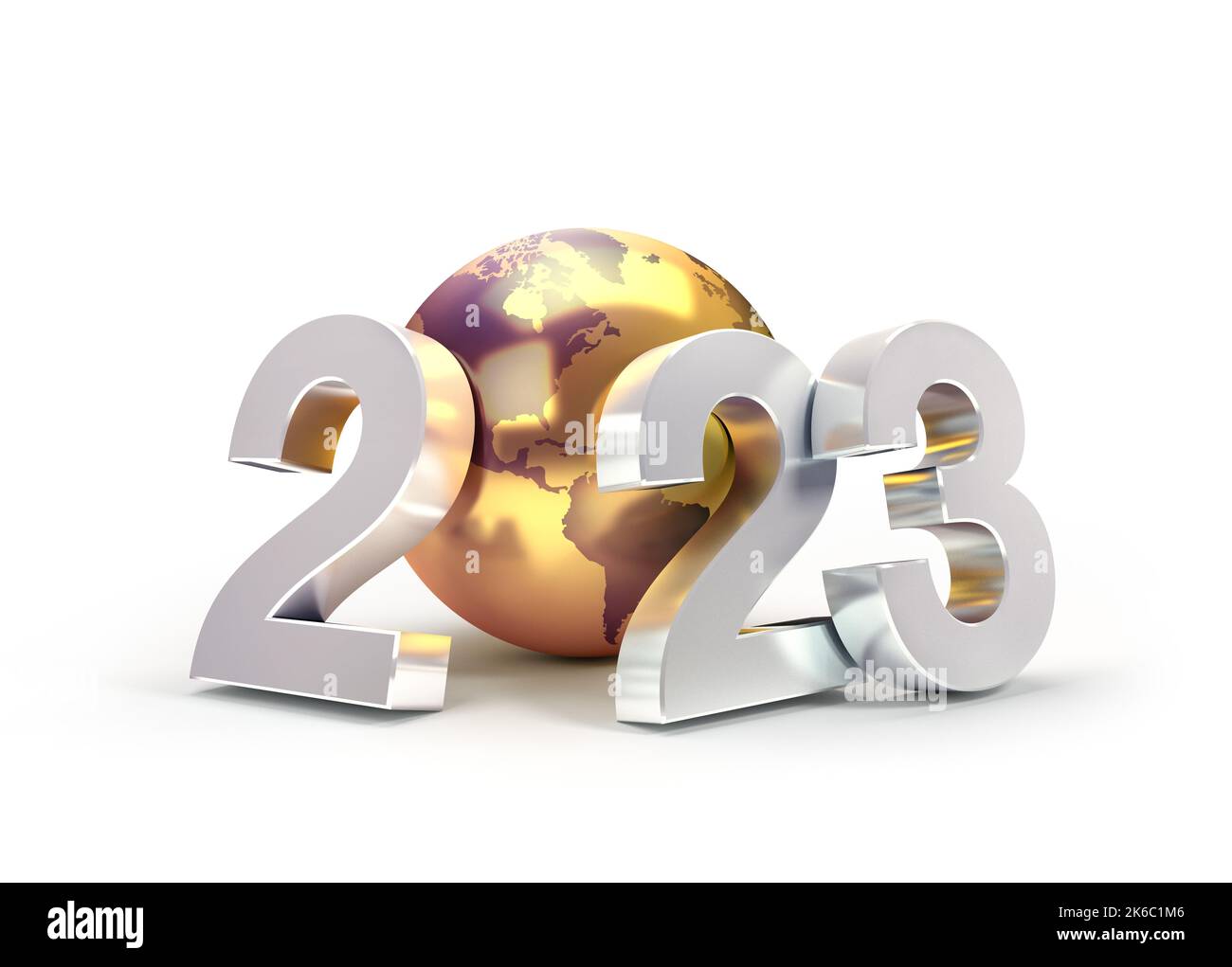 2023 Numéro de date du nouvel an composé d'une planète dorée, isolée sur blanc - illustration 3D Banque D'Images