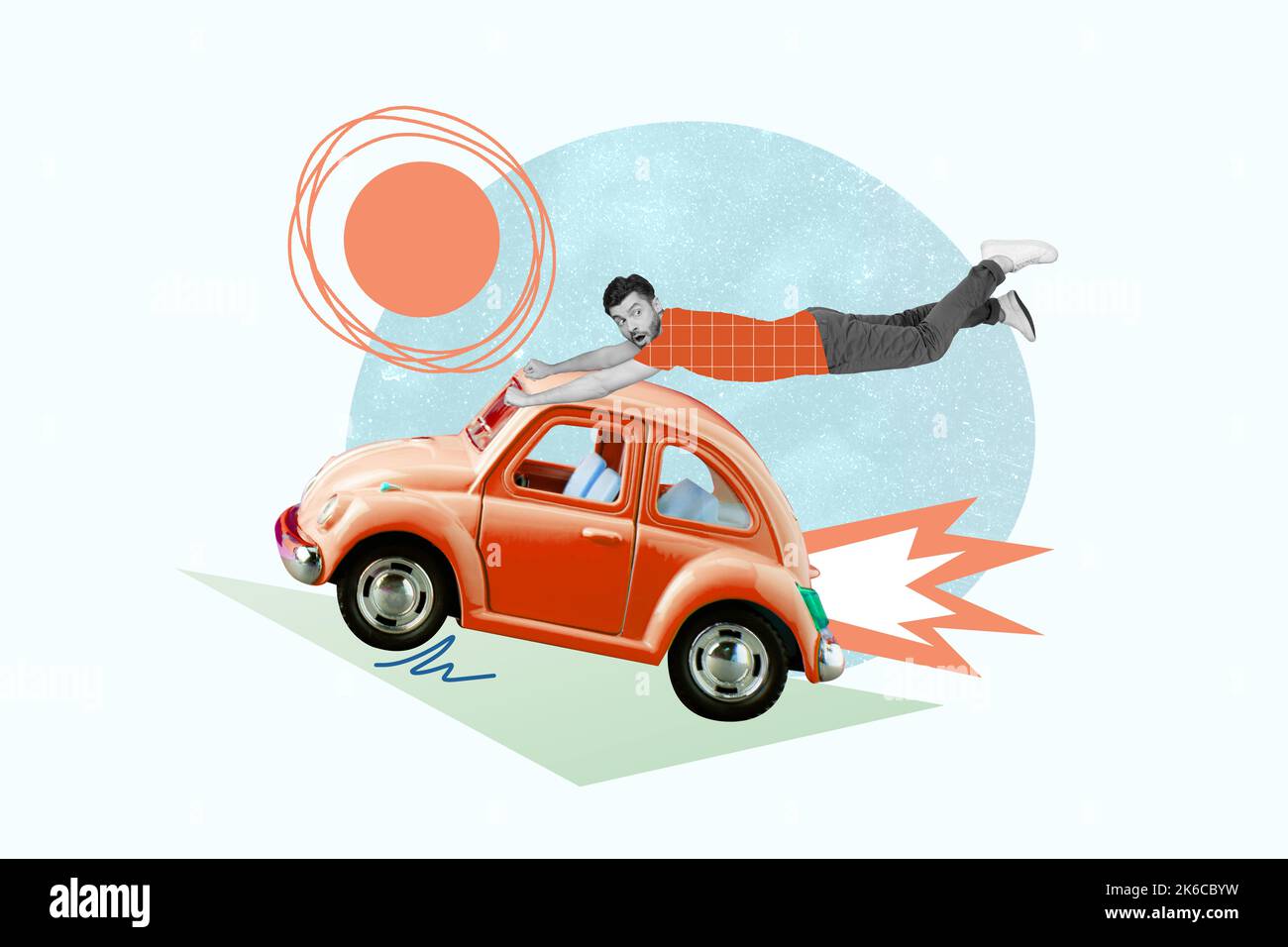 Image collage publicité de la bannière d'assurance de voiture avec vitesse rapide bris de voiture gars ne sait pas comment s'arrêter sur fond peint Banque D'Images