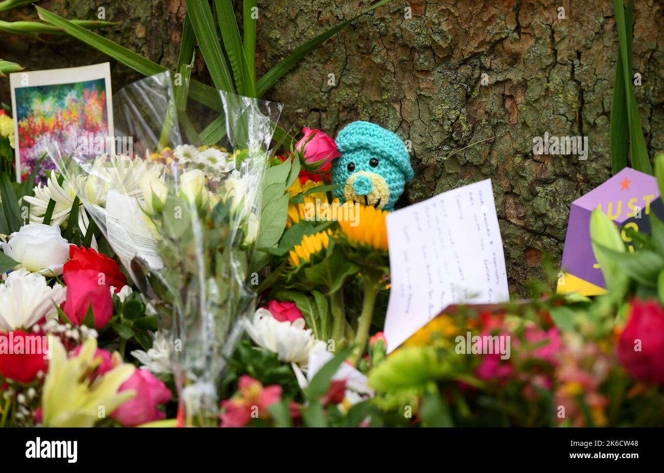 Un hommage tricoté à la Reine tardive se trouve parmi les fleurs à Green Park Londres Royaume-Uni. Banque D'Images