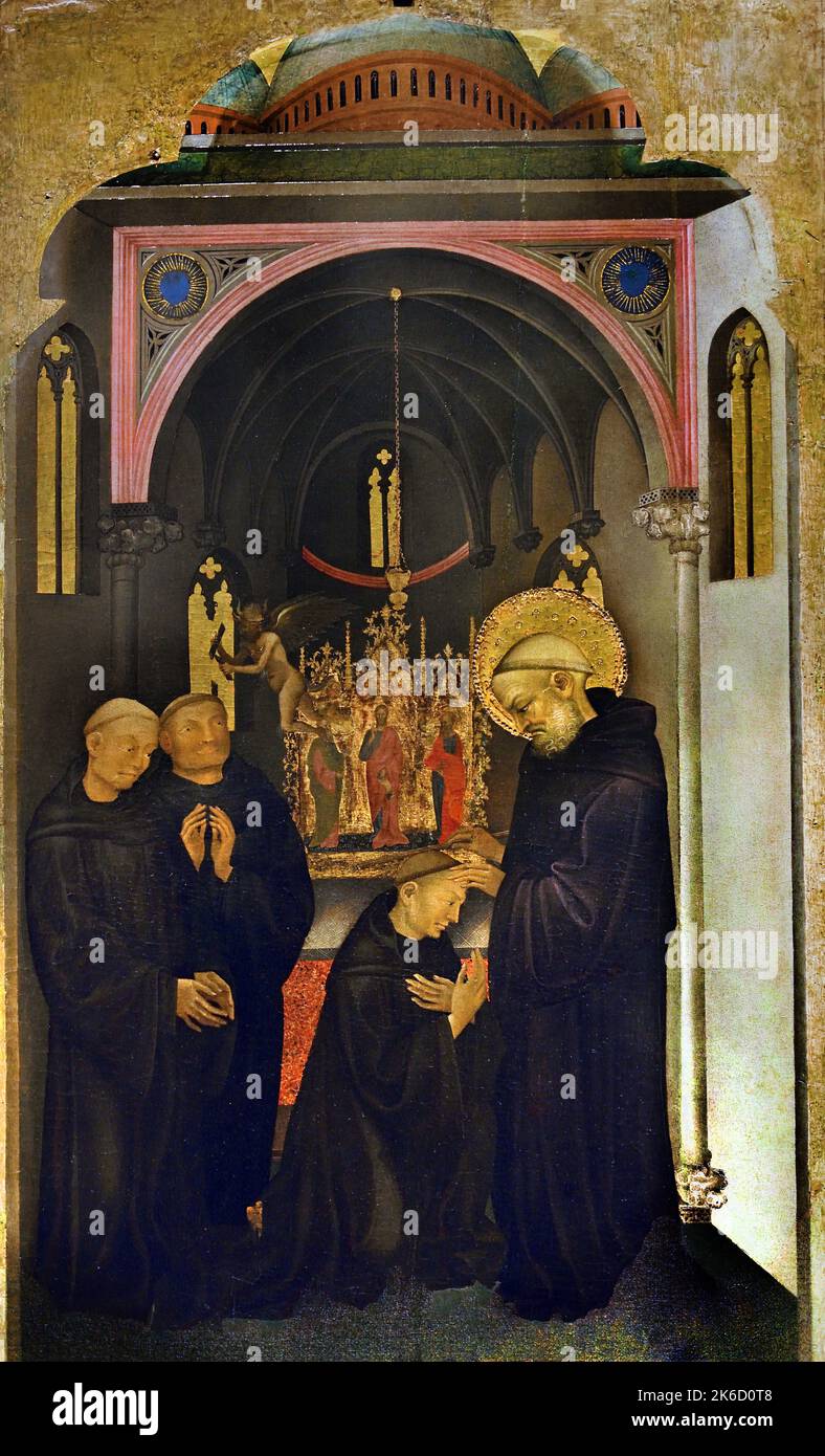 Saint Benoît élevant un jeune moine, Niccolò di Pietro, (Venise documentée entre 1394 et 1427), Uffizi, Florence, Italie. Banque D'Images