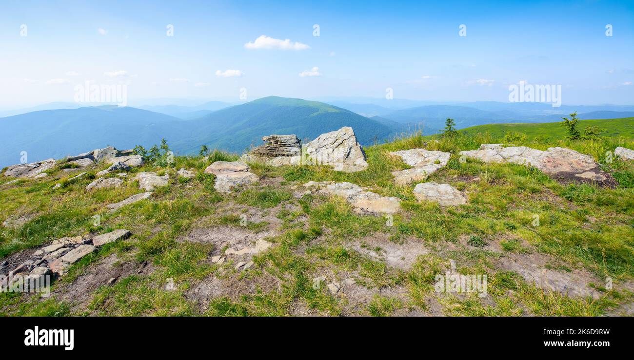 campagne carpathienne en été. paysage de montagne avec vue sur la crête et la vallée alpine. pierres sur la prairie herbeuse dans l'après-midi Banque D'Images