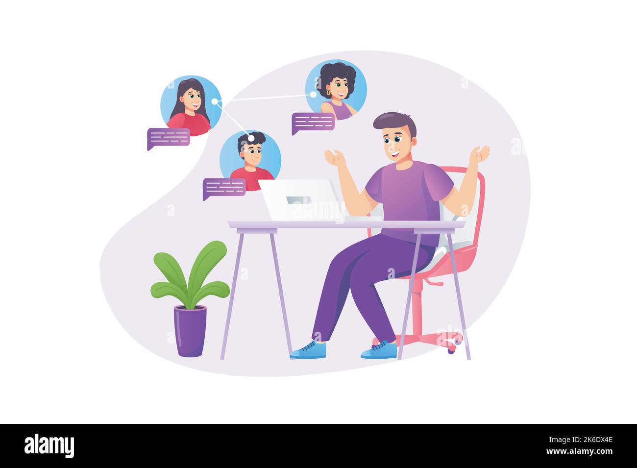 Concept de visioconférence de style plat avec scène de personnes. Un homme heureux communique avec des amis ou des collègues sur les appels vidéo de groupe à l'aide d'un programme d'ordinateur portable Illustration de Vecteur