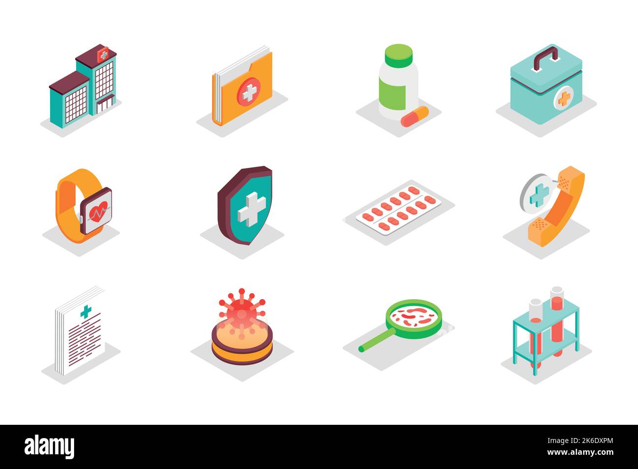 Jeu d'icônes isométriques Medical concept 3D. Éléments de l'offre groupée de la clinique, de l'hôpital, de la trousse de premiers soins, du dossier, des pilules, cardio, montre, soins de santé, appel et autre Illustration de Vecteur