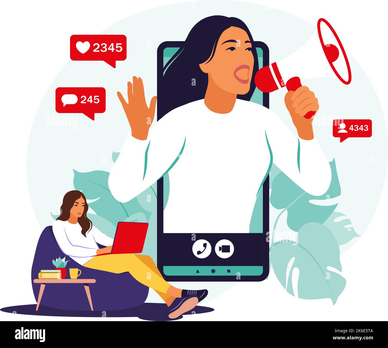 Blogueur avec des haut-parleurs annonçant des nouvelles, attirant le public cible. Marketing, promotion, concept de communication. Illustration vectorielle. Plat. Illustration de Vecteur