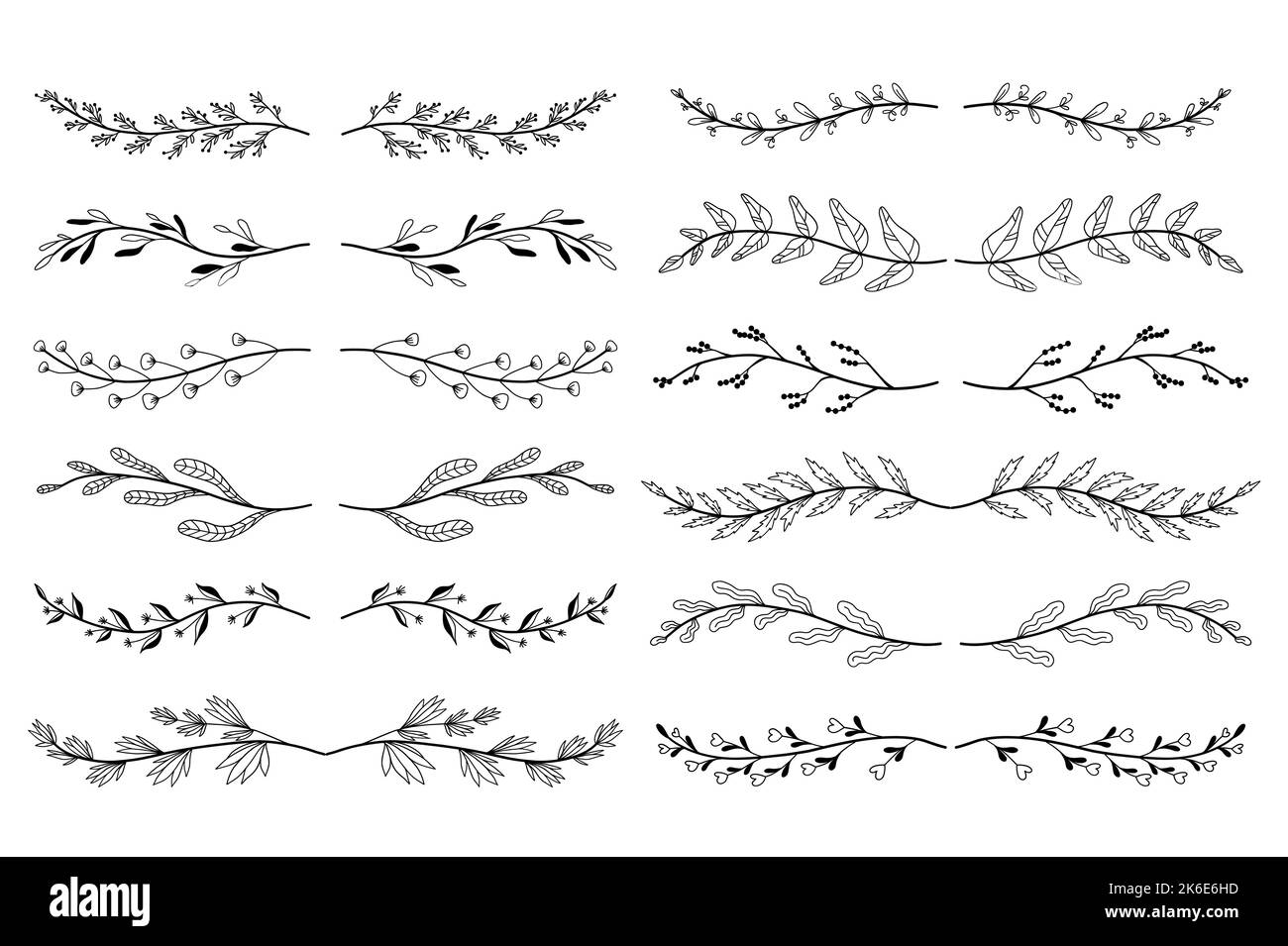 Ensemble de séparateurs décoratifs fleuris dessinés à la main. Éléments de feuilles et de branches d'arbre. Ensemble d'ornements botaniques défile décoration et décoratif Illustration de Vecteur