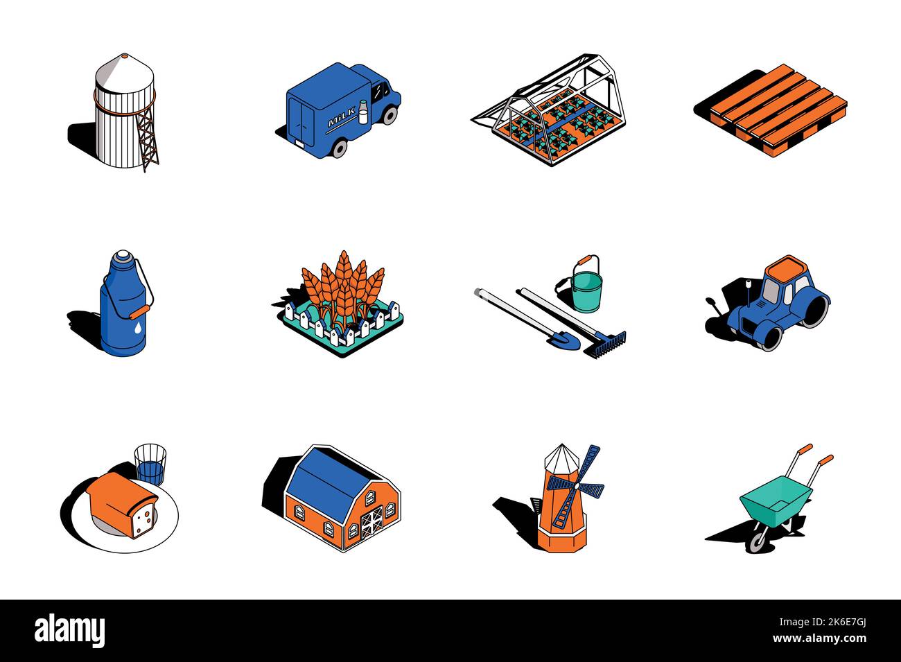 Agriculture et agriculture 3D icônes isométriques ensemble. Éléments d'emballage de granary, laiterie, produits, serre, palette, blé, outils de jardinage, grange et autre Illustration de Vecteur