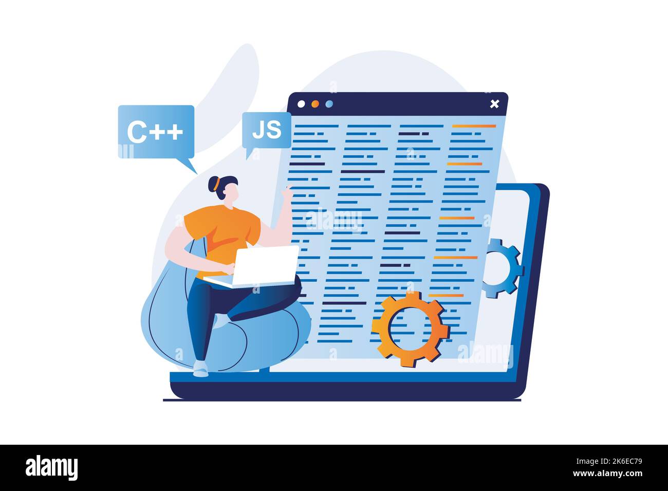 Concept de développement logiciel avec la scène de personnes dans la conception de dessins animés à plat. Programmes femme dans différentes langues, optimise le code, crée des logiciels sur Illustration de Vecteur