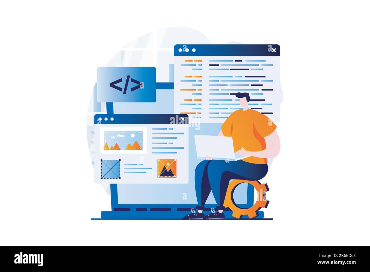 Concept de développement Web avec la scène de personnes en dessin animé plat. L'homme est la programmation des langages informatiques, la création, le test et l'optimisation de site Web à Illustration de Vecteur