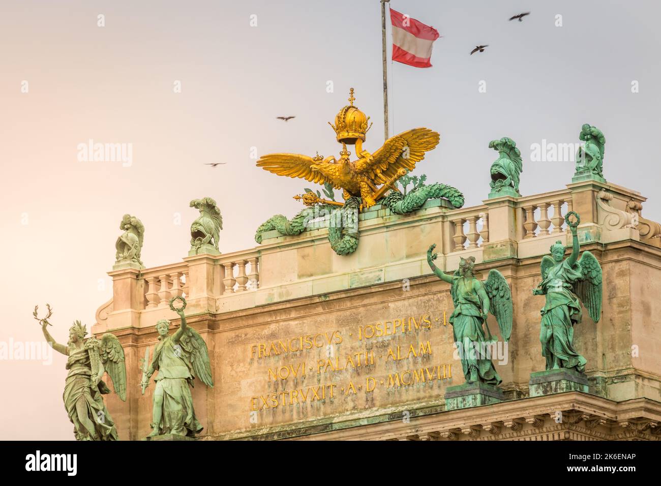 Drapeau autrichien et oiseaux volant au-dessus de hofburg , Vienne au lever du soleil, Autriche Banque D'Images