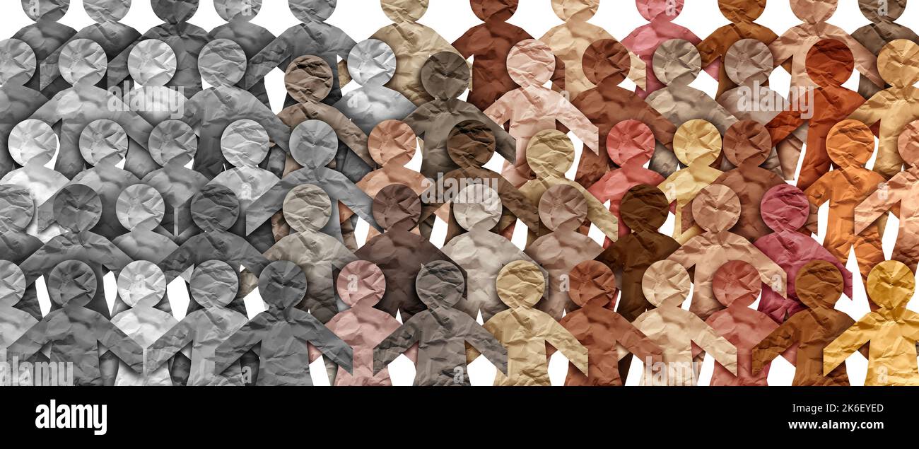 Diversification de la société et changement démographique ou évolution démographique en tant que groupe important de personnes grises qui se transforment en un groupe diversifié représentant. Banque D'Images Diversification de la société et changement démographique ou évolution démographique en tant que groupe important de personnes grises qui se transforment en un groupe diversifié représentant. Banque D'Images
