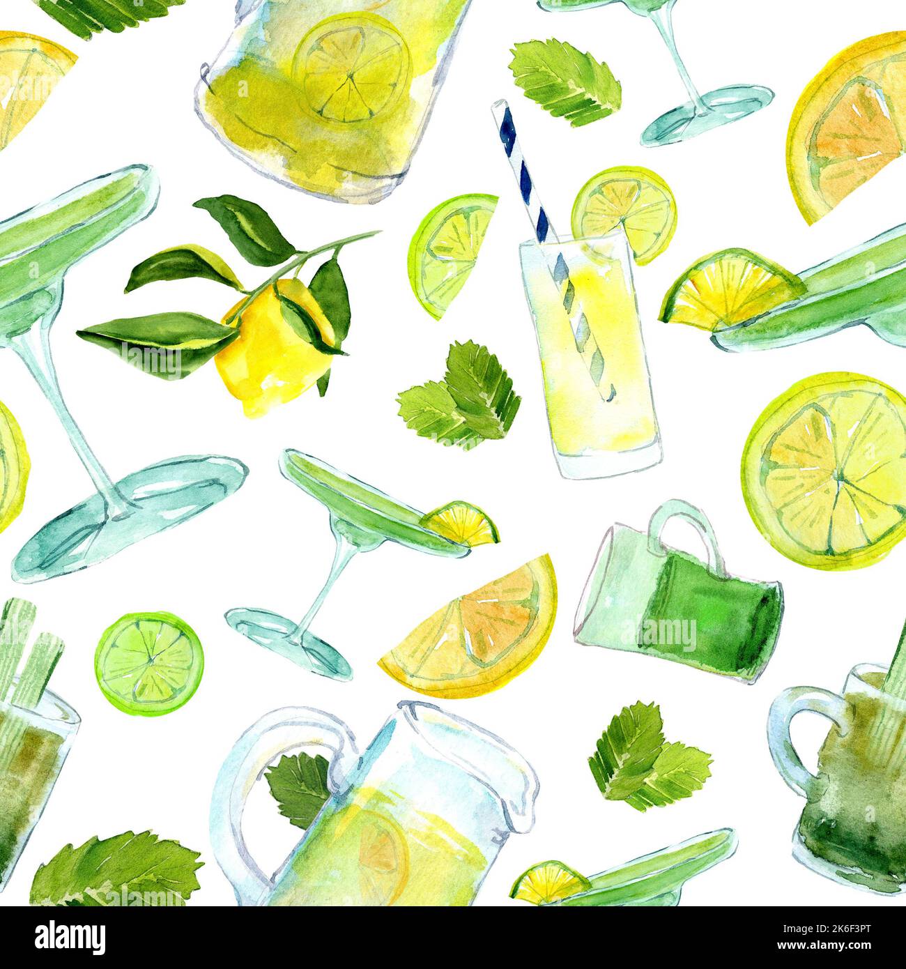 Motif aquarelle sans couture avec margarita, thé vert en carafe, verres, citron vert, menthe. Illustration de la limonade maison aux fruits. Conception écologique Banque D'Images