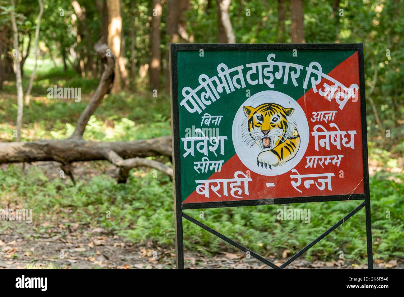 Aucune entrée ou zone non touristique ou accès refusé sans autorisation panneau par le département forestier de l'uttar pradesh pour les personnes et les touristes dans la gamme barahi Banque D'Images