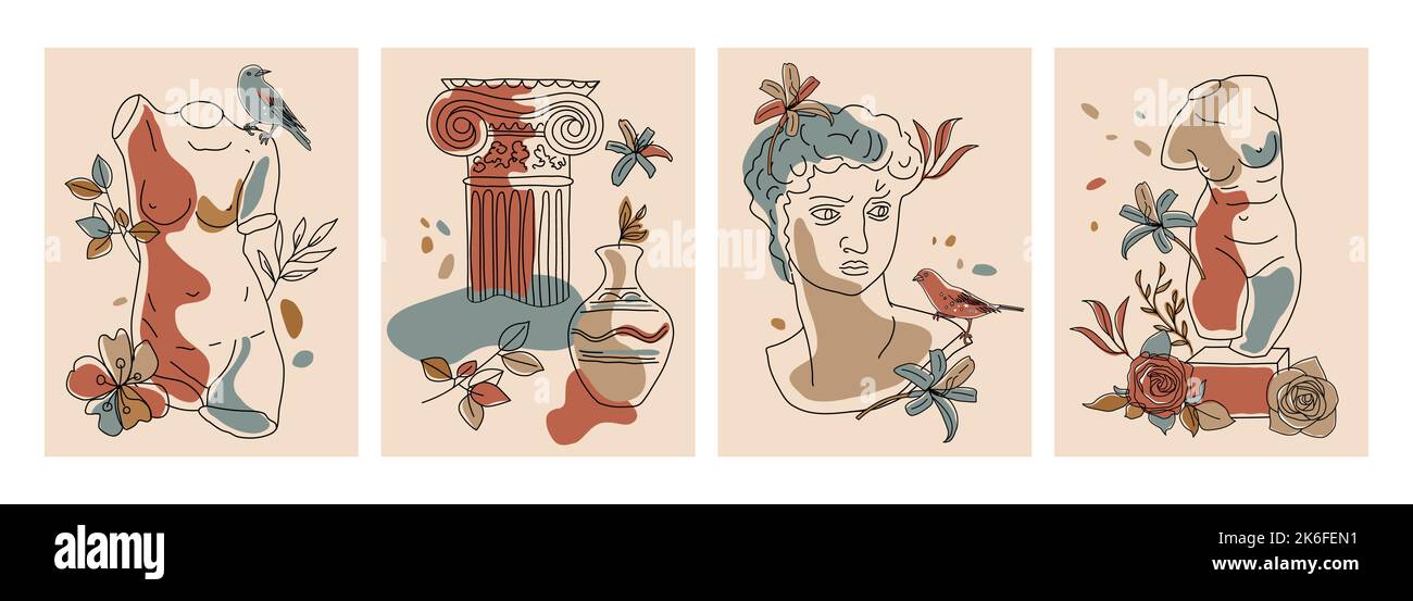 Art moderne conceptuel automne cartes colorées avec ancienne statue avec des fleurs isolées sur fond clair coloré. Collage d'art contemporain Illustration de Vecteur